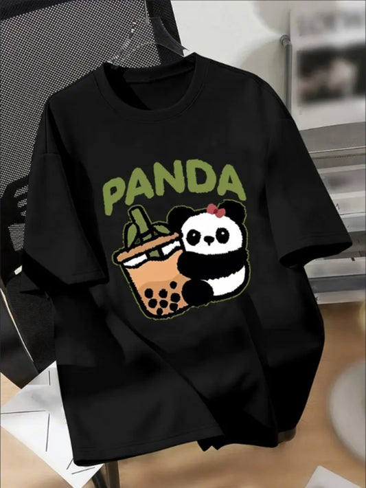 KUQIQIBOY Teen Boys' Casual Short Sleeve T-shirt, Cartoon Panda & Milk Tea Graphic Print Crew Neck Tees, Cool Comfortable Lightweight Tops For Spring And Summer