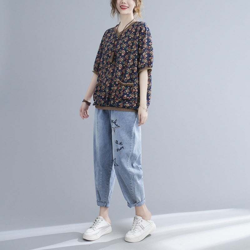 Women's Printed V-neck Short-sleeved Blouse - The Number 1 Things