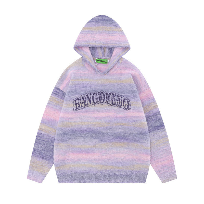 Sweet Contrast Color Gradient Striped Couple Hooded Knitted Top Sweater - The Number 1 Things
