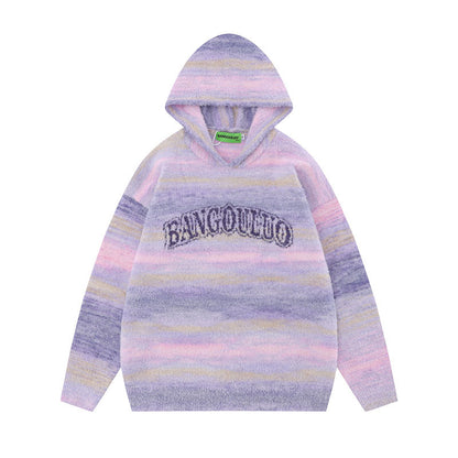 Sweet Contrast Color Gradient Striped Couple Hooded Knitted Top Sweater - The Number 1 Things