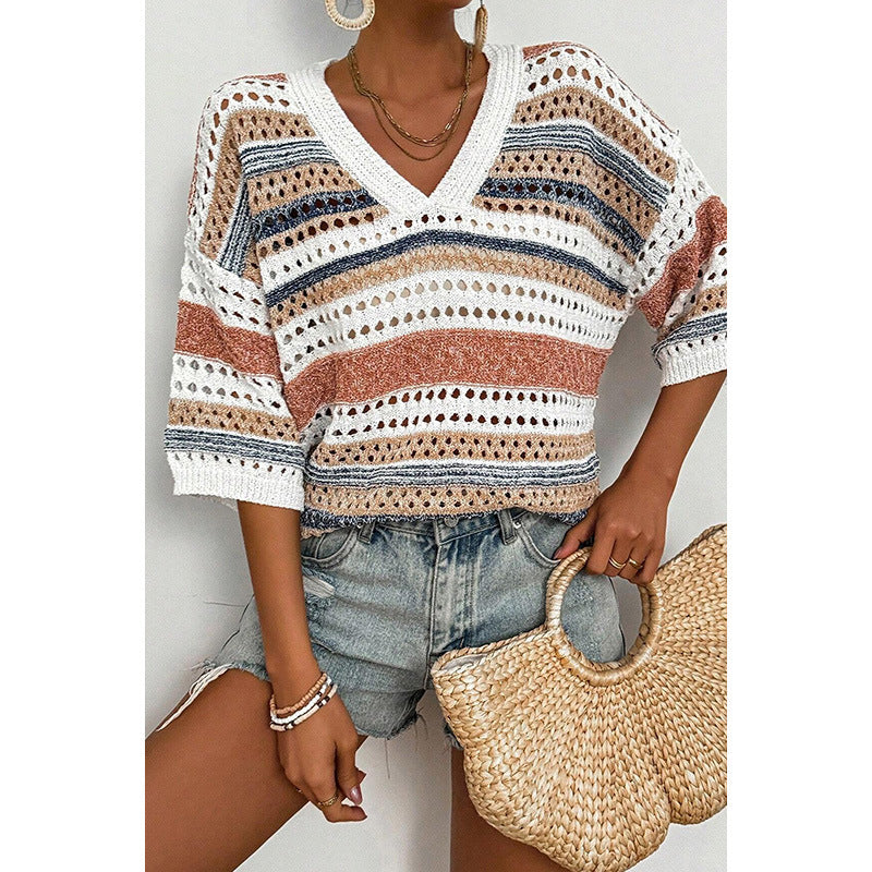 Autumn New Color Matching Hollow Out V-neck Sweater For Women - The Number 1 Things