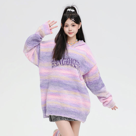 Sweet Contrast Color Gradient Striped Couple Hooded Knitted Top Sweater - The Number 1 Things