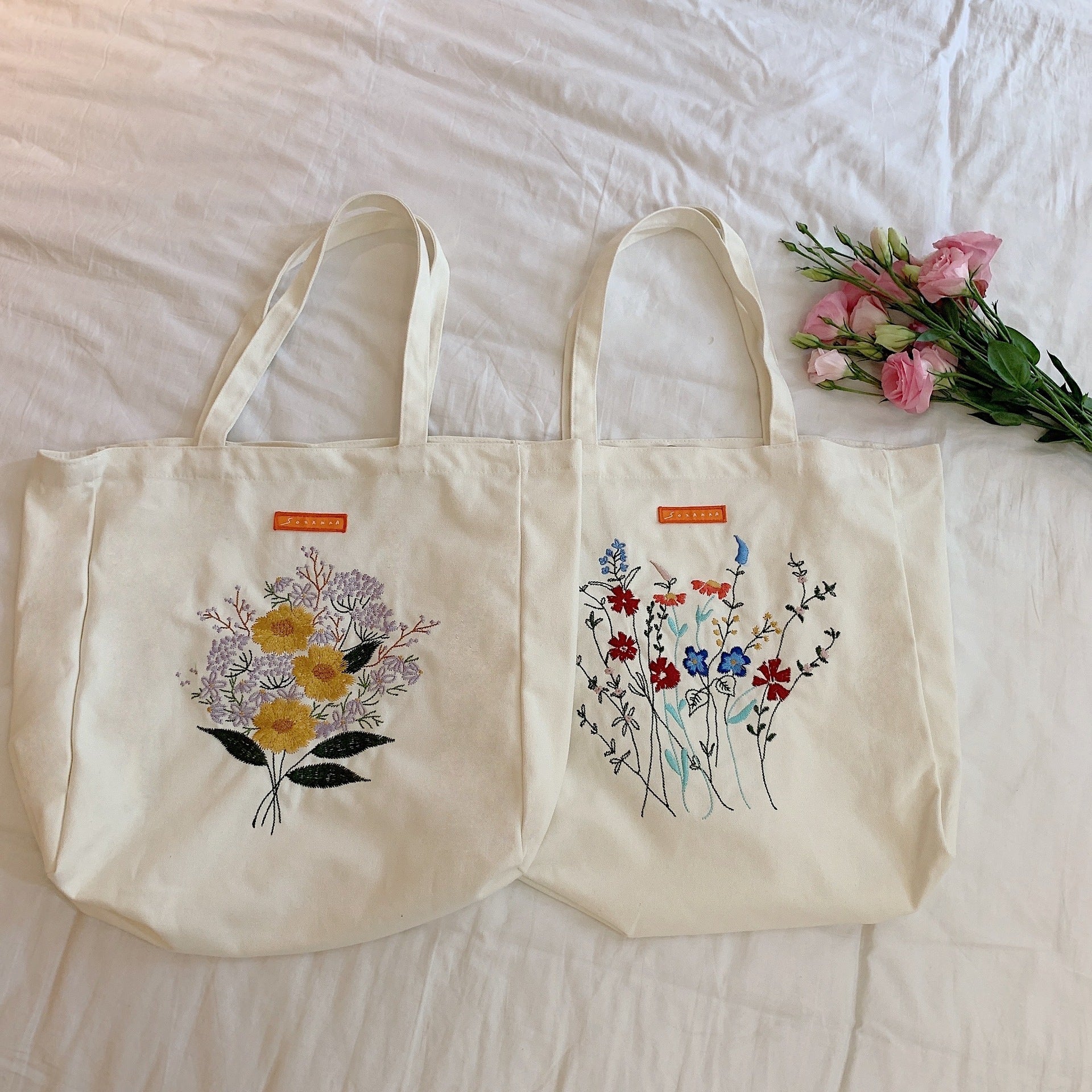 Korean Version Embroidered Flower Canvas Bag Ins Lazy Style Art College Students - The Number 1 Things