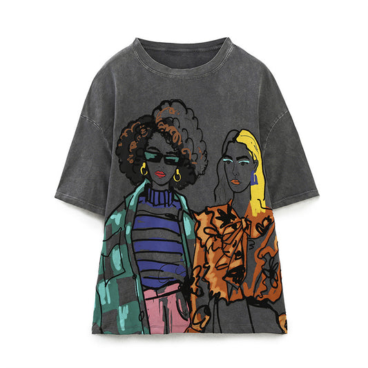 All-matching Fashion Girl Printed Pattern Round Neck Short Sleeve - The Number 1 Things