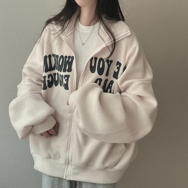 Women's Alphabet Plus Velvet Loose Cardigan Zipper Simple Sweater - The Number 1 Things