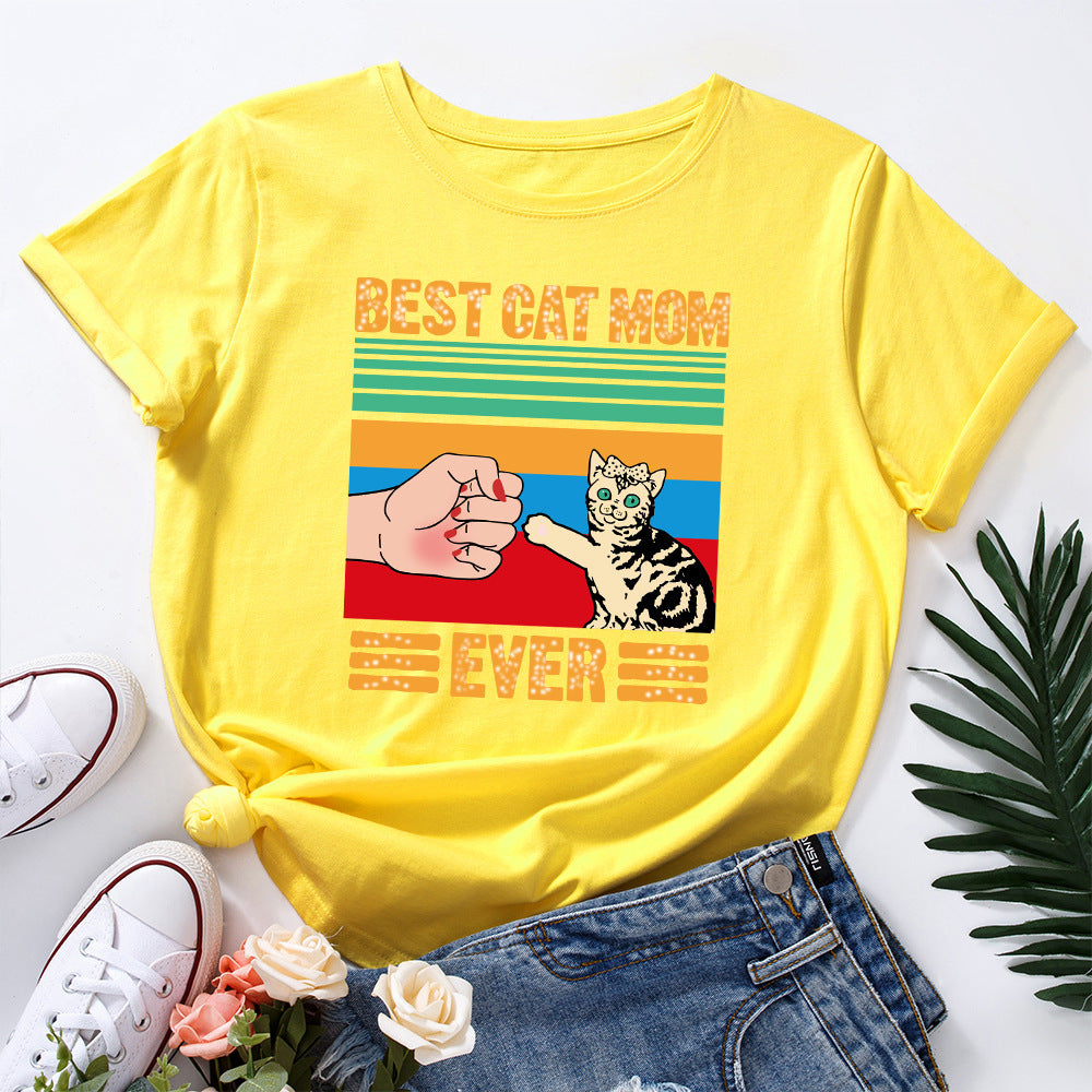 European And American Women's Clothing Creative Kitten Print Loose Round Neck Short Sleeve - The Number 1 Things