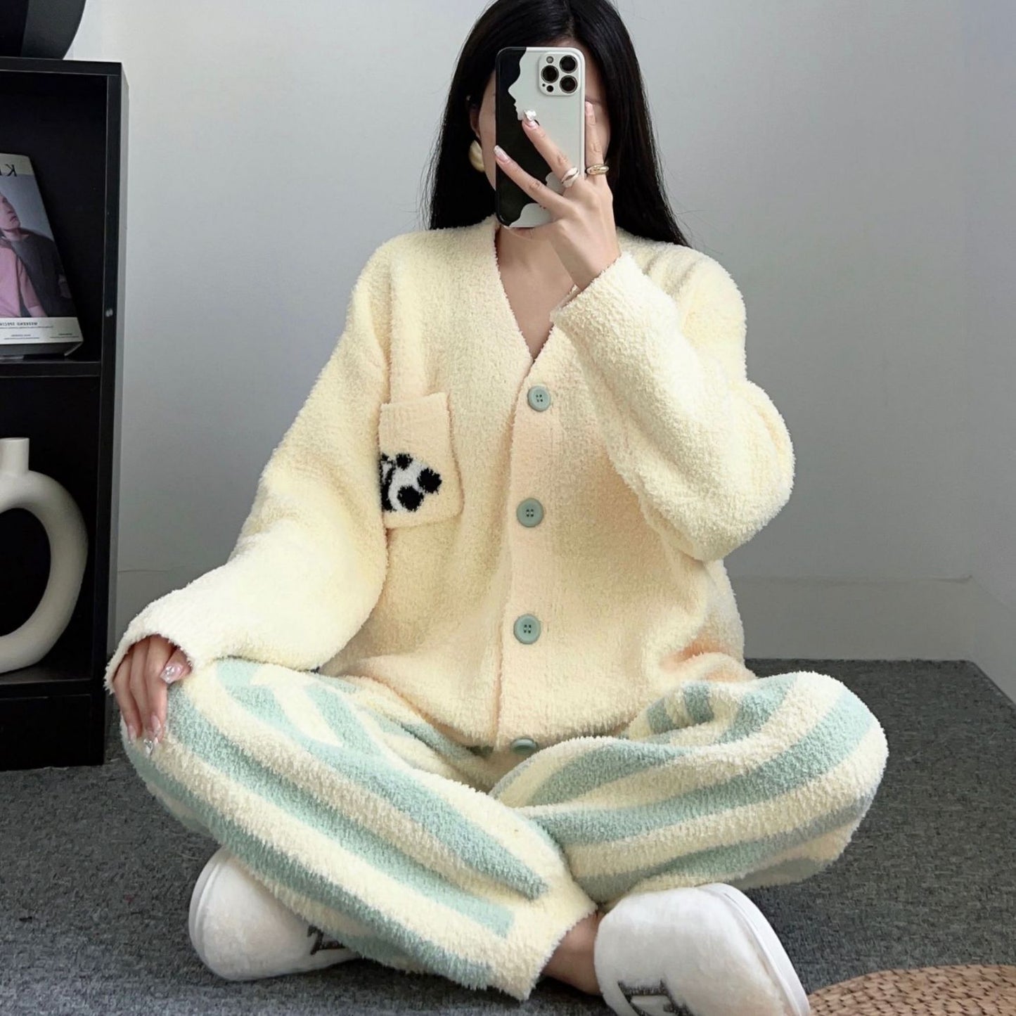 Thick Stripes Soft Panda Coral Fleece Home Wear Suit