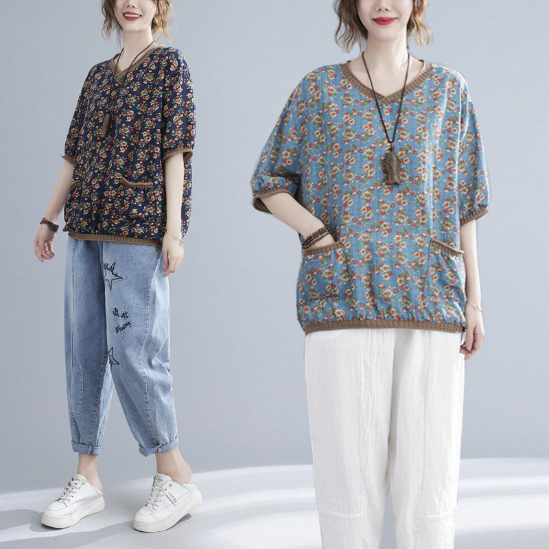 Women's Printed V-neck Short-sleeved Blouse - The Number 1 Things