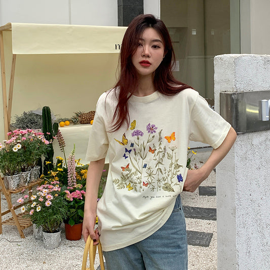 New Pure Cotton Heel Wrapped Collar Personality Flower Print Top - The Number 1 Things