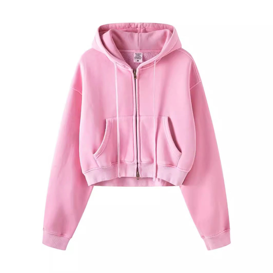 Retro Washed Color Contrast Short Hooded Zip Cardigan Sweater - The Number 1 Things