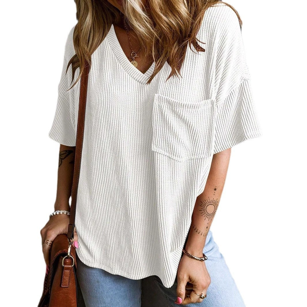 Fashionable Two-tone Pullover Short Sleeve V-neck Top For Women - The Number 1 Things