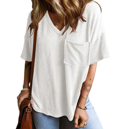 Fashionable Two-tone Pullover Short Sleeve V-neck Top For Women - The Number 1 Things