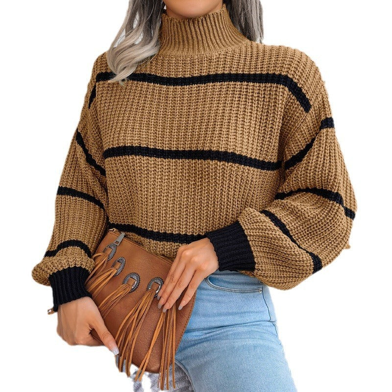 Contrast Color Striped Sweater New Half Turtleneck Pullover Top - The Number 1 Things