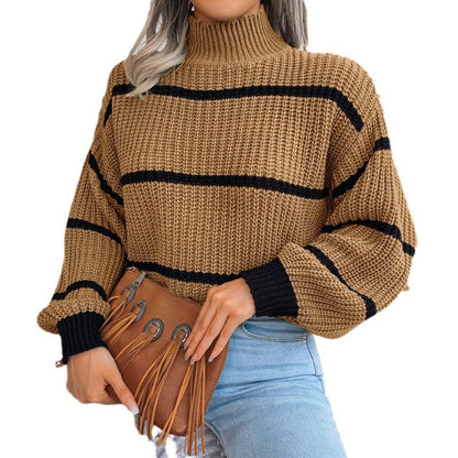 Contrast Color Striped Sweater New Half Turtleneck Pullover Top - The Number 1 Things
