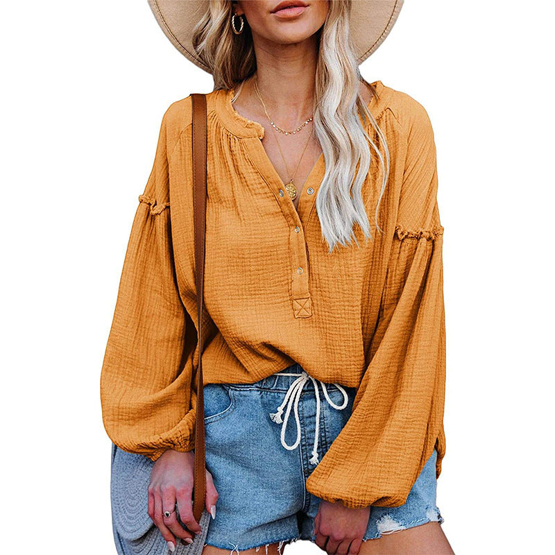 V-neck Lantern Sleeve Cotton Shirt Pullover - The Number 1 Things