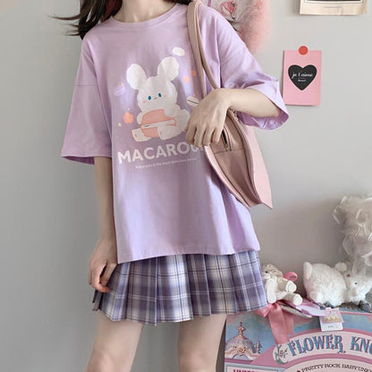 Printed Macaron Rabbit Baby T-shirt Women Pure Cotton Short-sleeved Bottoming Shirt Top