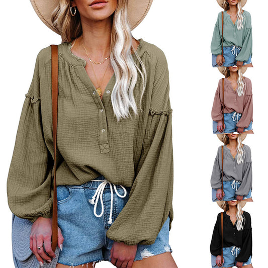 V-neck Lantern Sleeve Cotton Shirt Pullover - The Number 1 Things