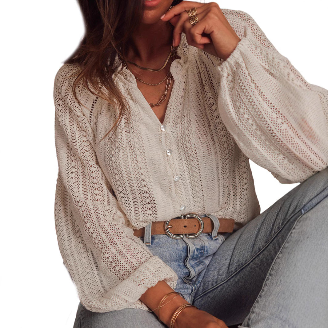Solid Color Hollow Loose Long Sleeve Top - The Number 1 Things
