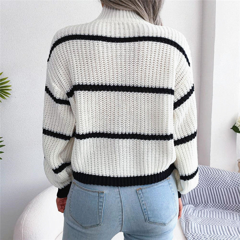 Contrast Color Striped Sweater New Half Turtleneck Pullover Top - The Number 1 Things