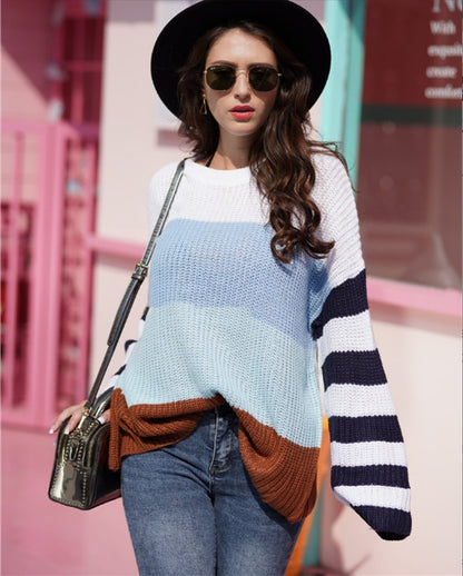 Women's Color Stitching Knit Pullover Loose Sweater