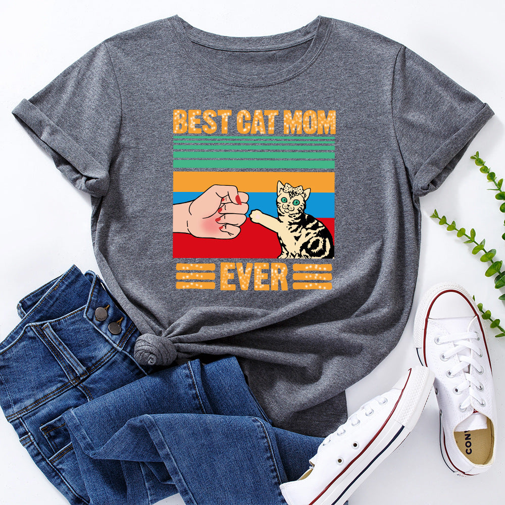 European And American Women's Clothing Creative Kitten Print Loose Round Neck Short Sleeve - The Number 1 Things