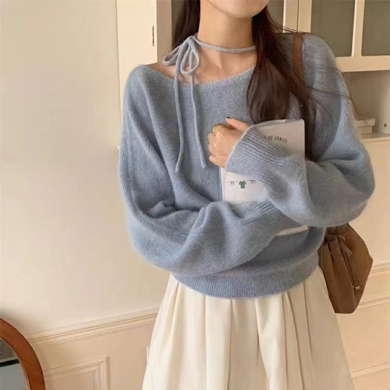 Simple Fashion Design Halter Tied Long Sleeves Sweater