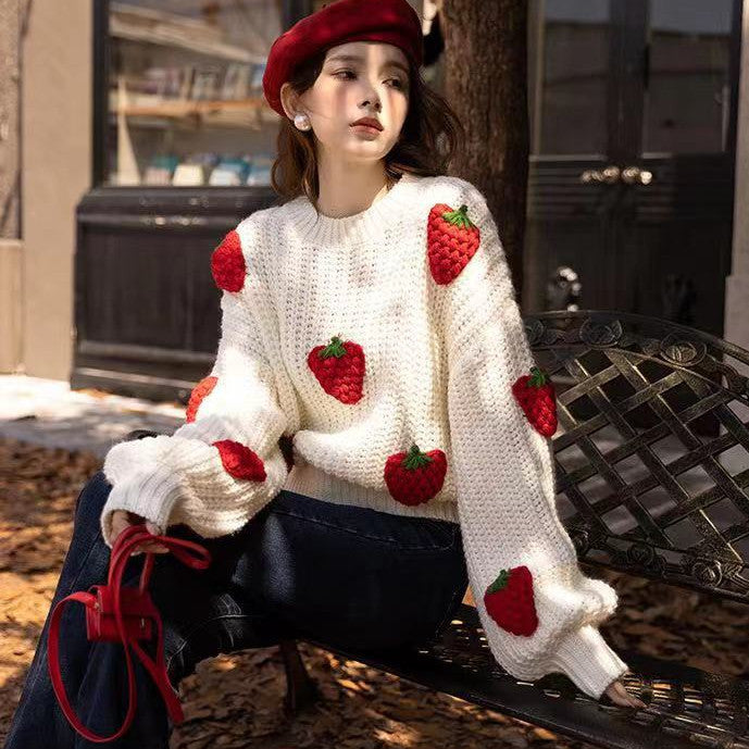 Women's Loose Strawberry Crocheted Knitted Pullover Sweater Top - The Number 1 Things