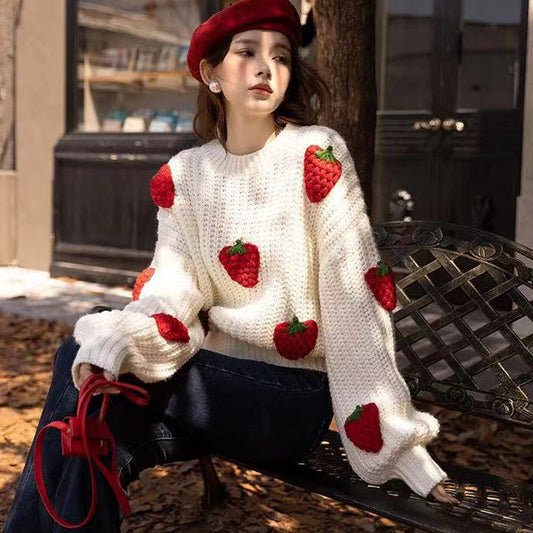 Women's Loose Strawberry Crocheted Knitted Pullover Sweater Top - The Number 1 Things