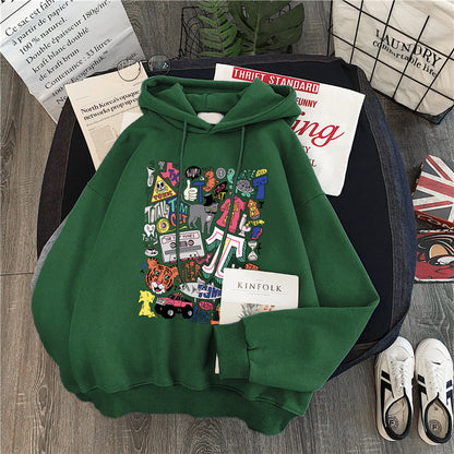 Women's Loose Cartoon Letter Hooded Plus Fleece Sweater - The Number 1 Things