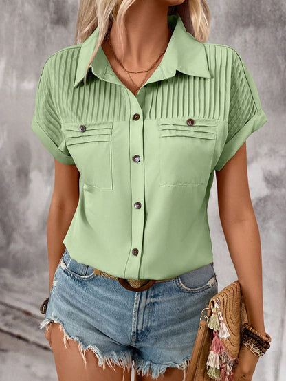 Lapel Shoulder Pleated Pocket Short Sleeve Top ShirtT-shirt Women - The Number 1 Things