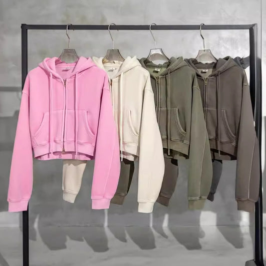 Retro Washed Color Contrast Short Hooded Zip Cardigan Sweater - The Number 1 Things