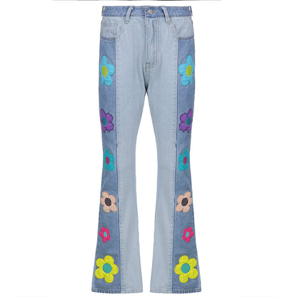 Patchwork Embroidery Design Contrast Flower Stitching Jeans