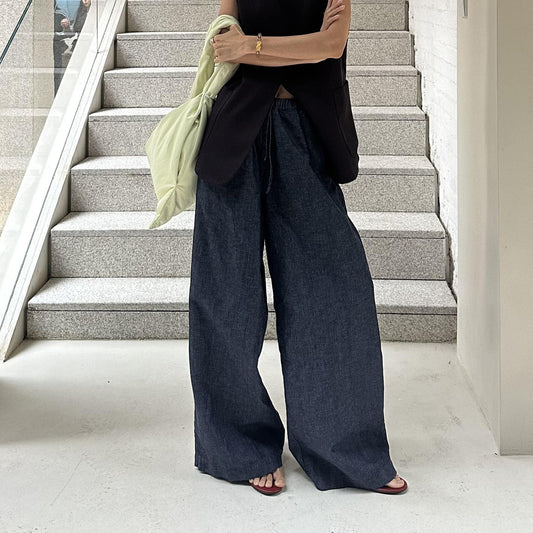 Casual Style Drawstring Elastic Waist Wide Leg Jeans