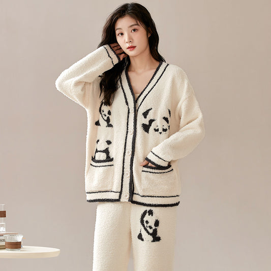 Coral Velvet Pajamas Women's Velvet Thickening Outfit Autumn And Winter Half Velvet Panda Home Wear Can Be Worn Outside