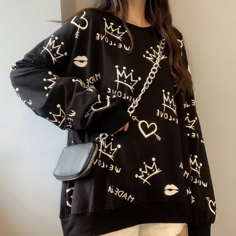 Front And Back Graffiti Printed Long-sleeved Sweater Women - The Number 1 Things