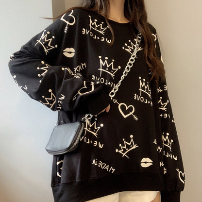 Front And Back Graffiti Printed Long-sleeved Sweater Women - The Number 1 Things