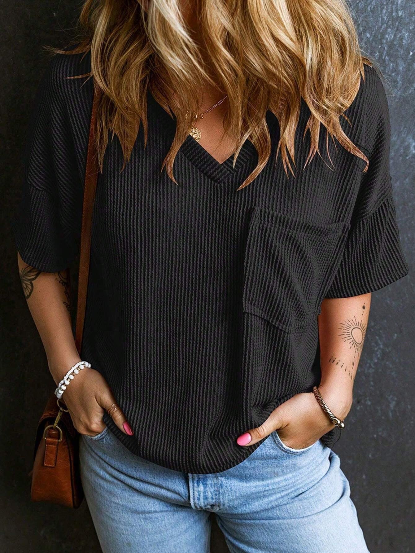 Fashionable Two-tone Pullover Short Sleeve V-neck Top For Women - The Number 1 Things