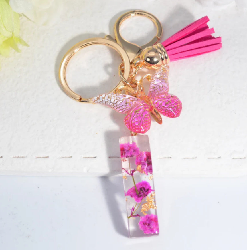 Rose Red Dried Flower Letter Tassel Butterfly Keychain - The Number 1 Things