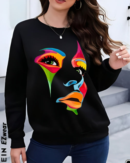 Abstract Face Art Sweatshirt Hoodies Women's Crew neck