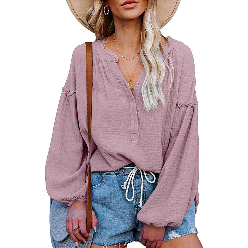 V-neck Lantern Sleeve Cotton Shirt Pullover - The Number 1 Things