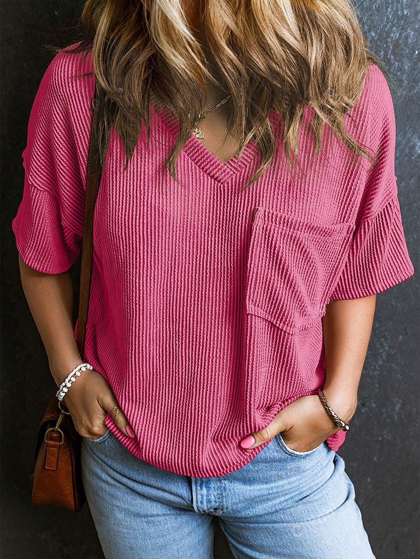 Fashionable Two-tone Pullover Short Sleeve V-neck Top For Women - The Number 1 Things