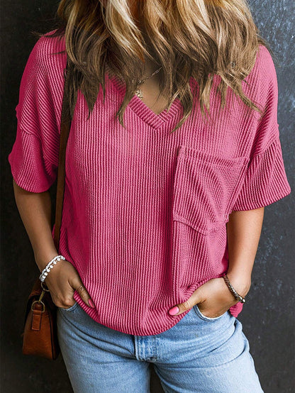 Fashionable Two-tone Pullover Short Sleeve V-neck Top For Women - The Number 1 Things