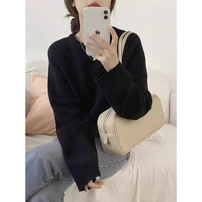 Solid Color Loose Small Short Long Sleeve Round Neck Pullover Sweater
