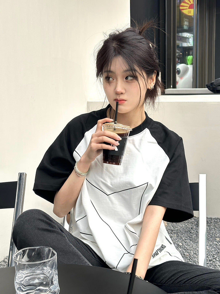 White Raglan Sleeve XINGX Printing Color Contrast Niche Design Top - The Number 1 Things