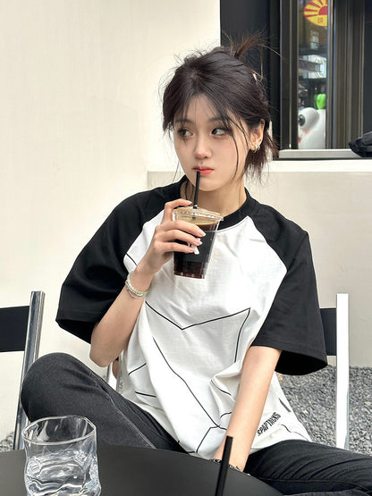 White Raglan Sleeve XINGX Printing Color Contrast Niche Design Top - The Number 1 Things