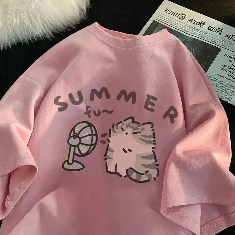 Summer Fan Cat And Women Pure Cotton T-Shirt For Me