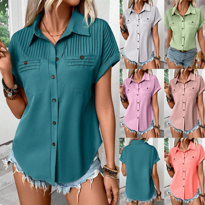 Lapel Shoulder Pleated Pocket Short Sleeve Top ShirtT-shirt Women - The Number 1 Things