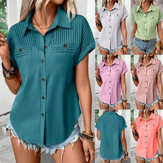 Lapel Shoulder Pleated Pocket Short Sleeve Top ShirtT-shirt Women - The Number 1 Things