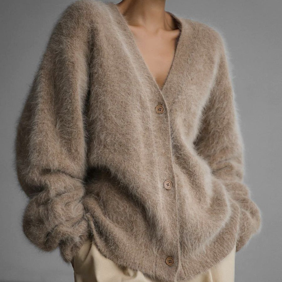 Loose V-Neck Button Cardigan Soft Fur Sweater For Women