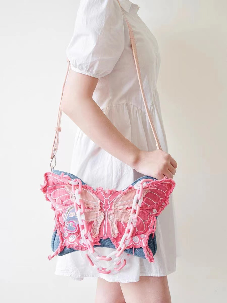 Original Design Butterfly Tassel Denim Wide Shoulder Strap Crossbody Bag - The Number 1 Things